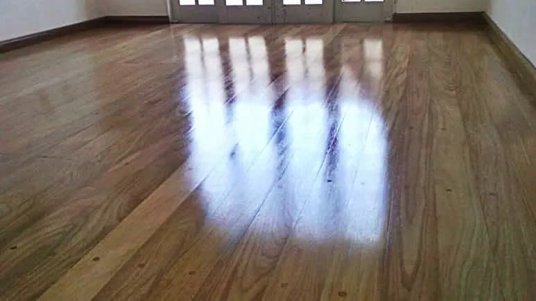 Assoalho de madeira clara brilhante em sala ampla com portas